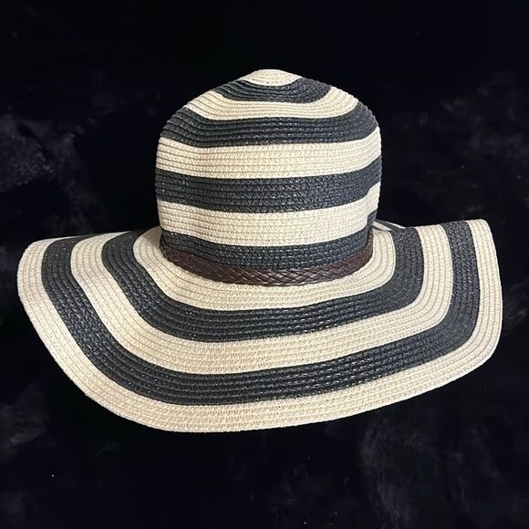 Striped Black and Tan Wide Brim Hat - Picture 2 of 7
